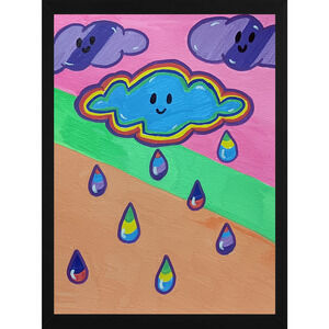 Kawaii Rainbow Puffy Clouds Raindrops Bright Colorful Acrylic Painting 9x12 inch